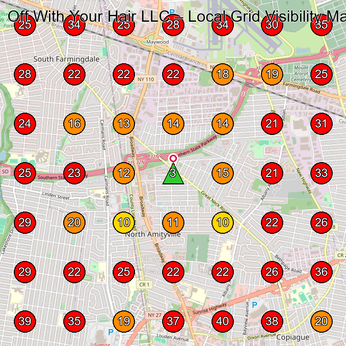 Off With Your Hair LLC GeoGrid visibility map for Hair Salon in Farmingdale